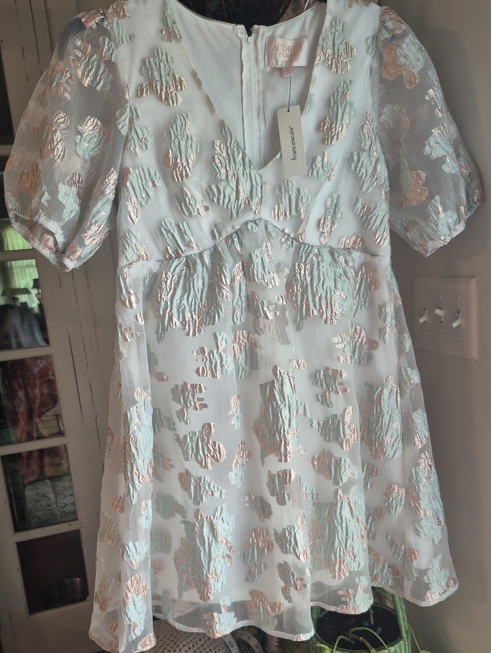Mint and Rose Gold Floral Jacquard Short Sleeve Dress